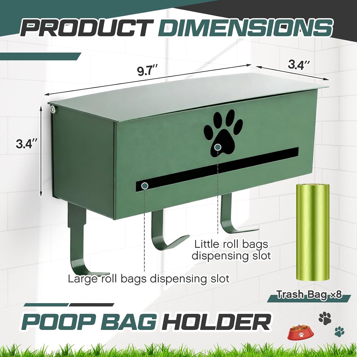 Dispensador bolsas perro pared ganchos metal 200/300 rollos