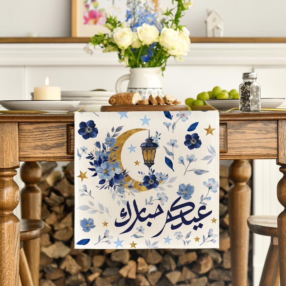 Camino de mesa floral Artoid Mode azul de hojas de luna para decoración de comedor y cocina