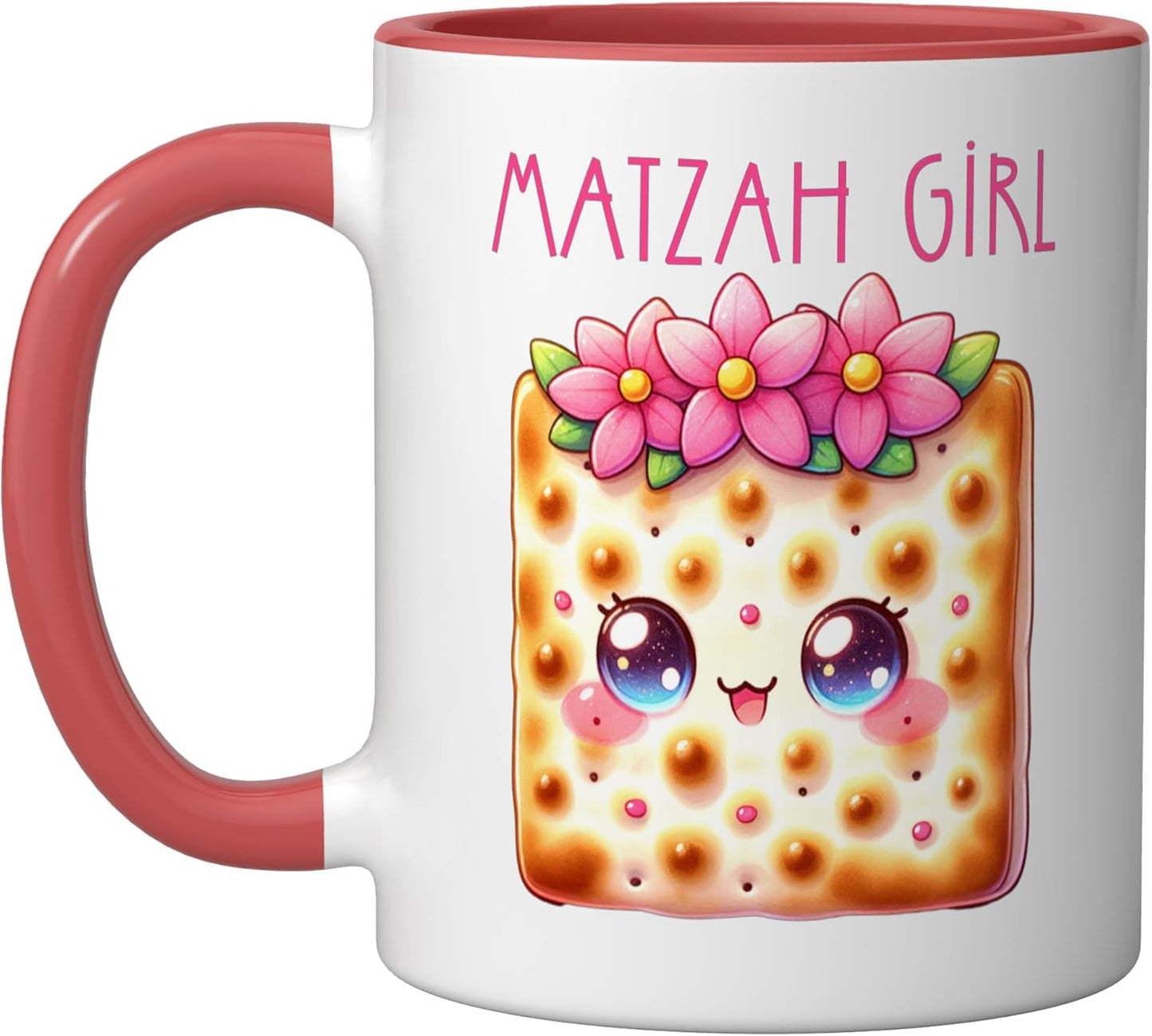 Taza cerámica para Pésaj con niña feliz y afikoman rojo/blanco