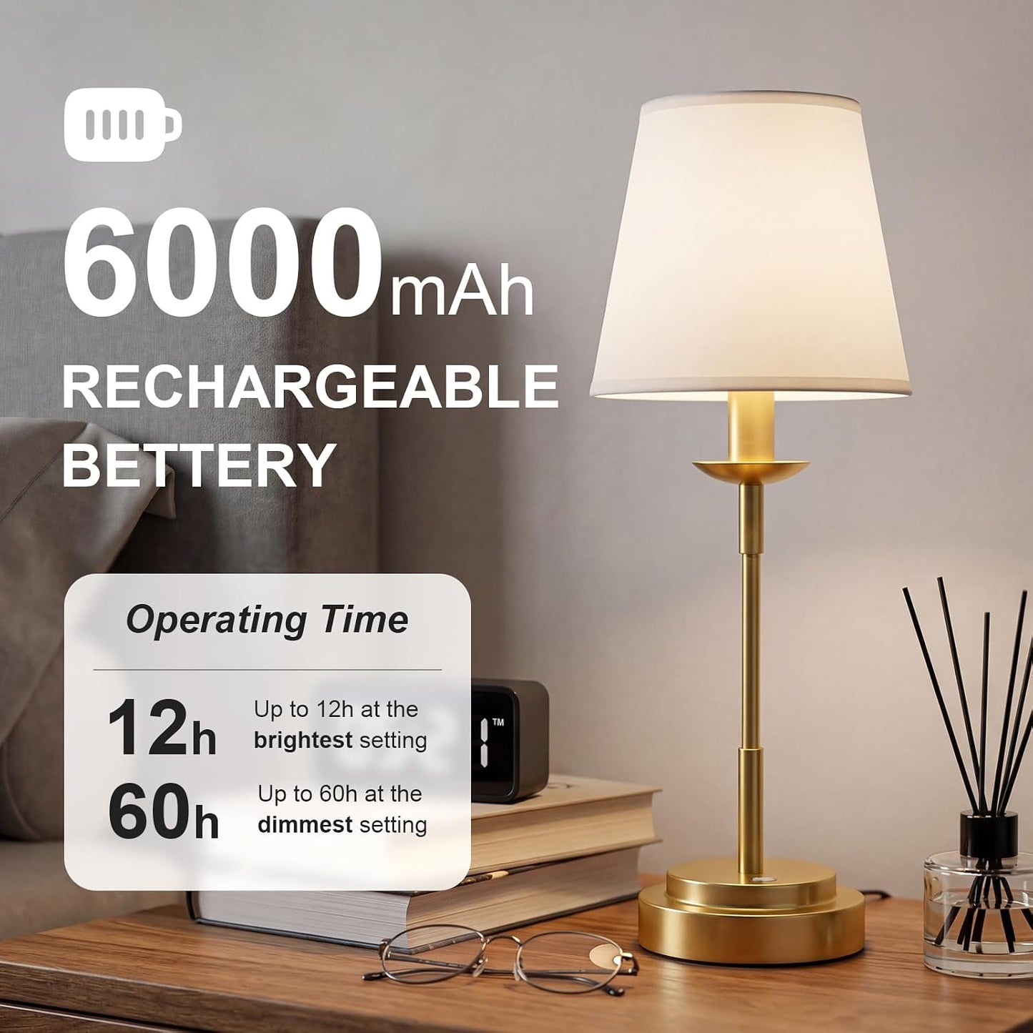Lámpara mesa inalámbrica recargable 6000mAh ajustable 3 colores
