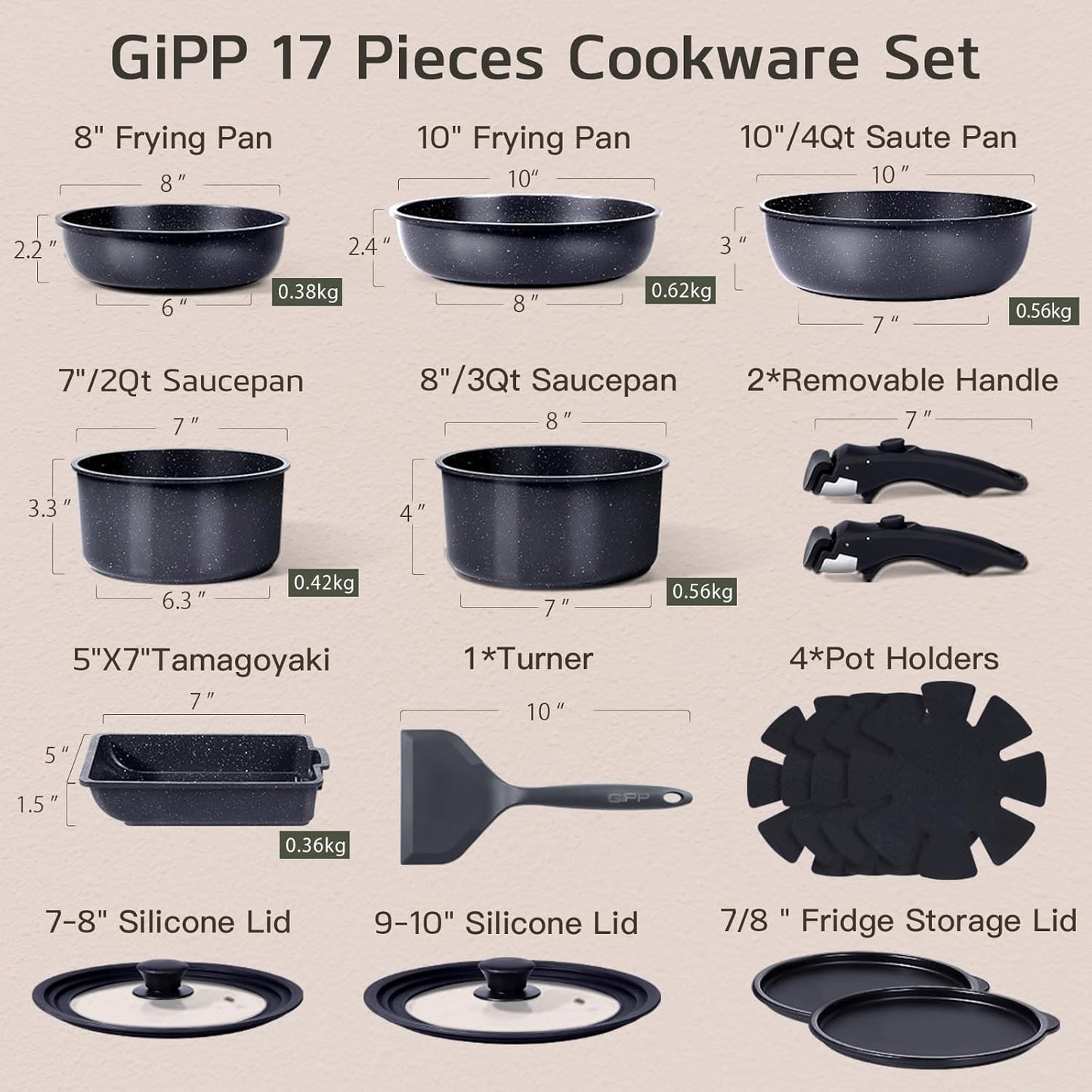 Set 17 pzas Ollas Cerámica Antiadherente Inducción Gris