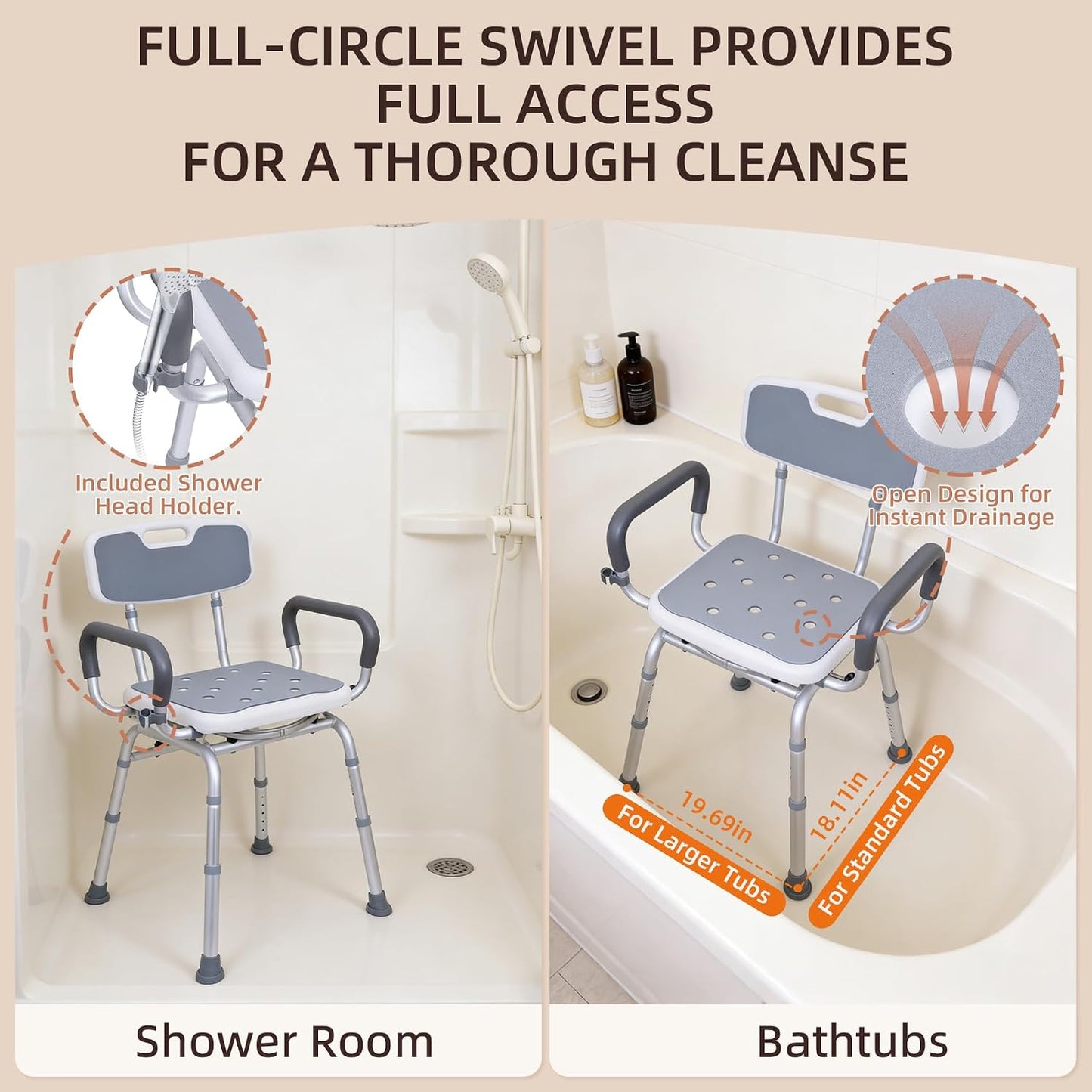 Silla ducha giratoria con respaldo ajustable para ancianos