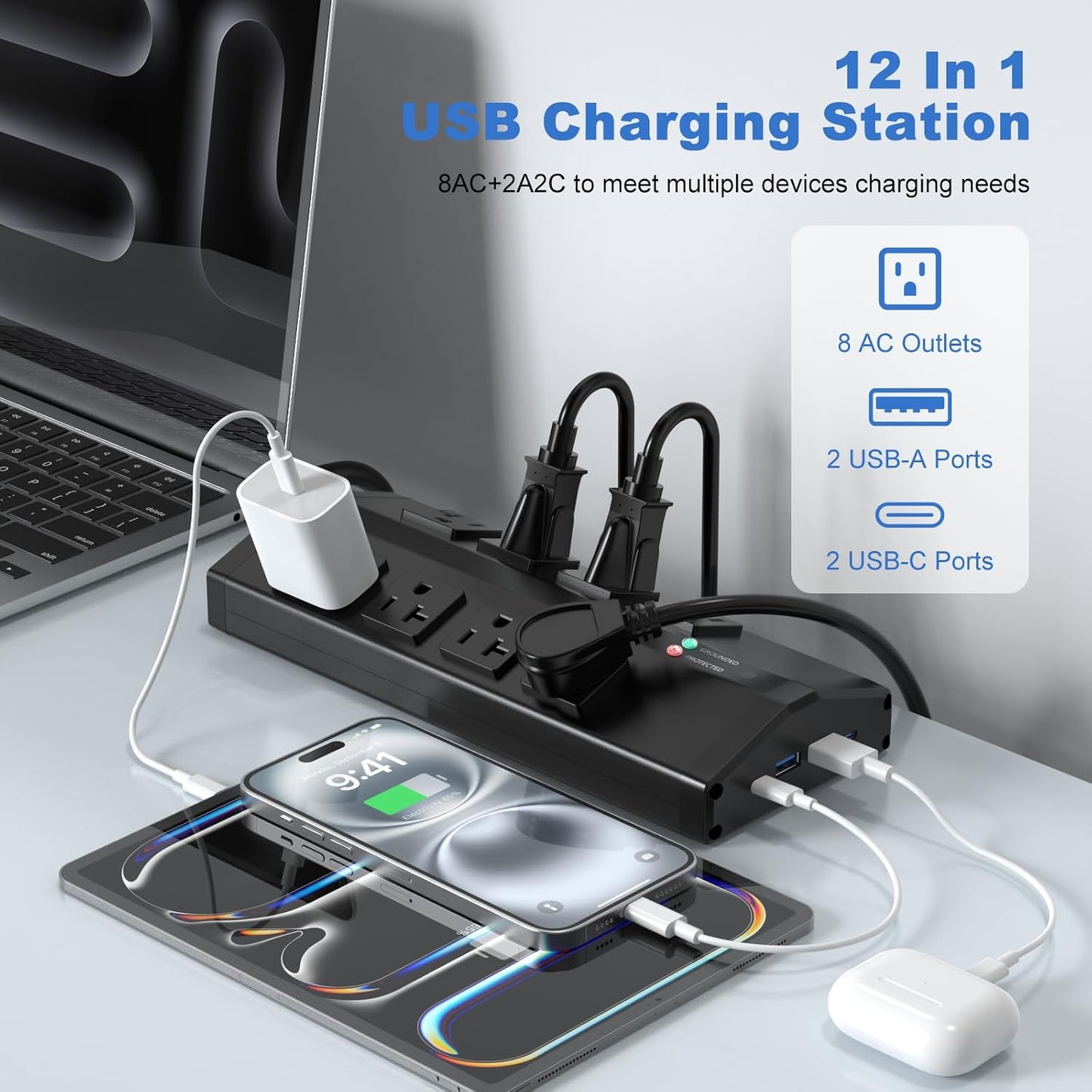 Toma corriente metal 8 enchufes 4 USB 20A 4ft ETL