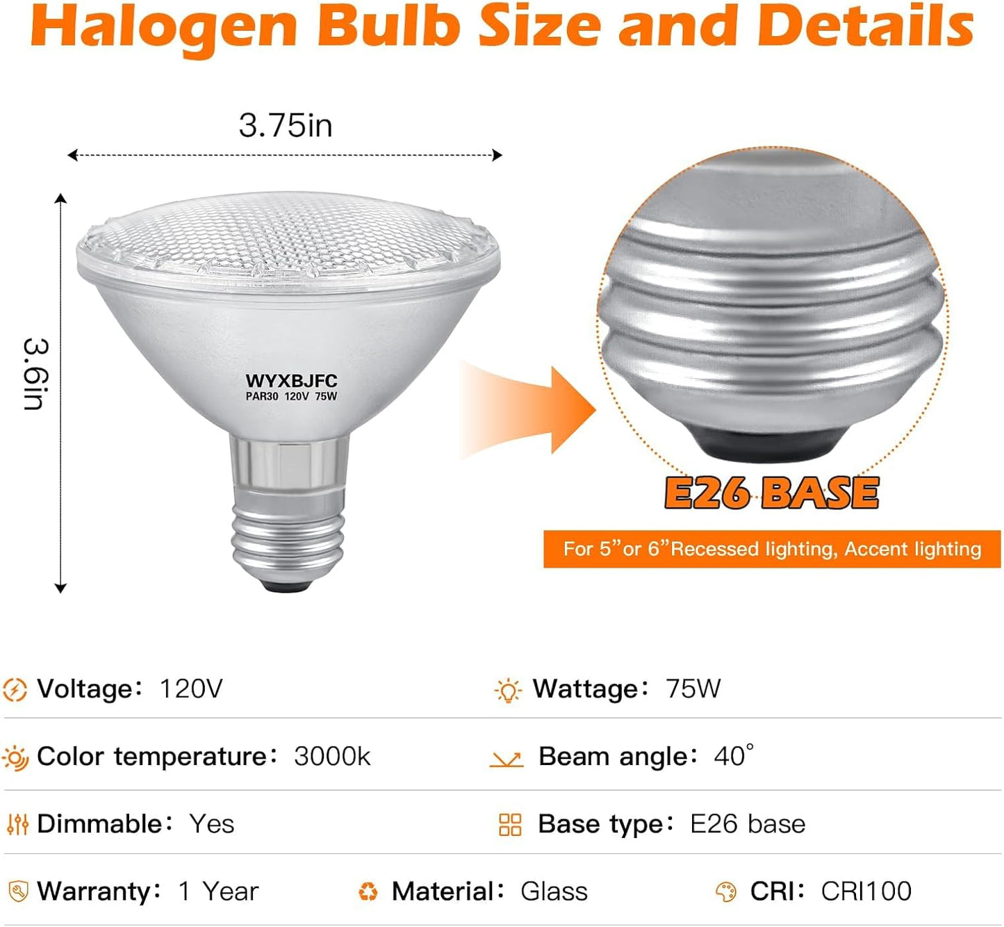 6 Pzas Bombillas Halógenas 75W 3000K E26 Regulables