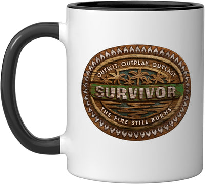 Taza de cerámica Survivor The Fire Still Burns color negro y blanco