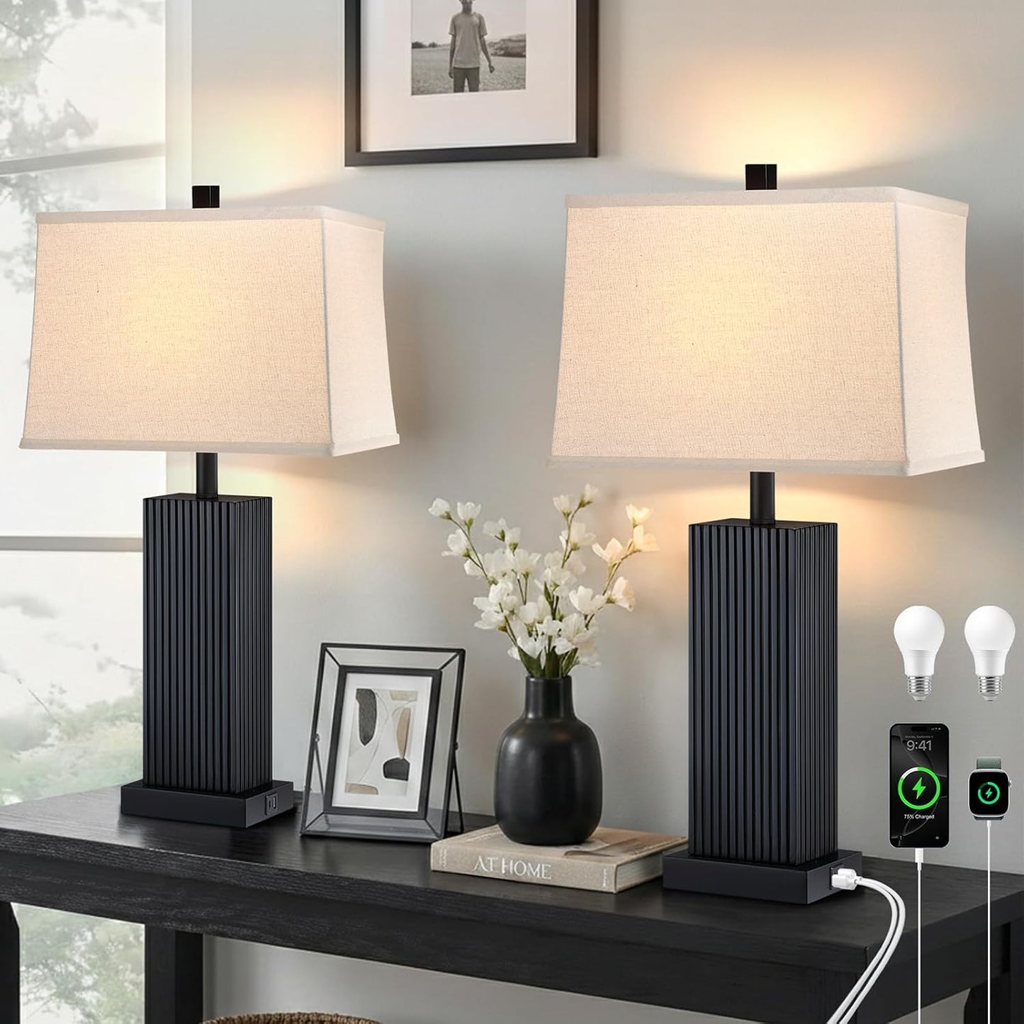 2 Lámparas Mesa Madera Natural USB 27.5pulg
