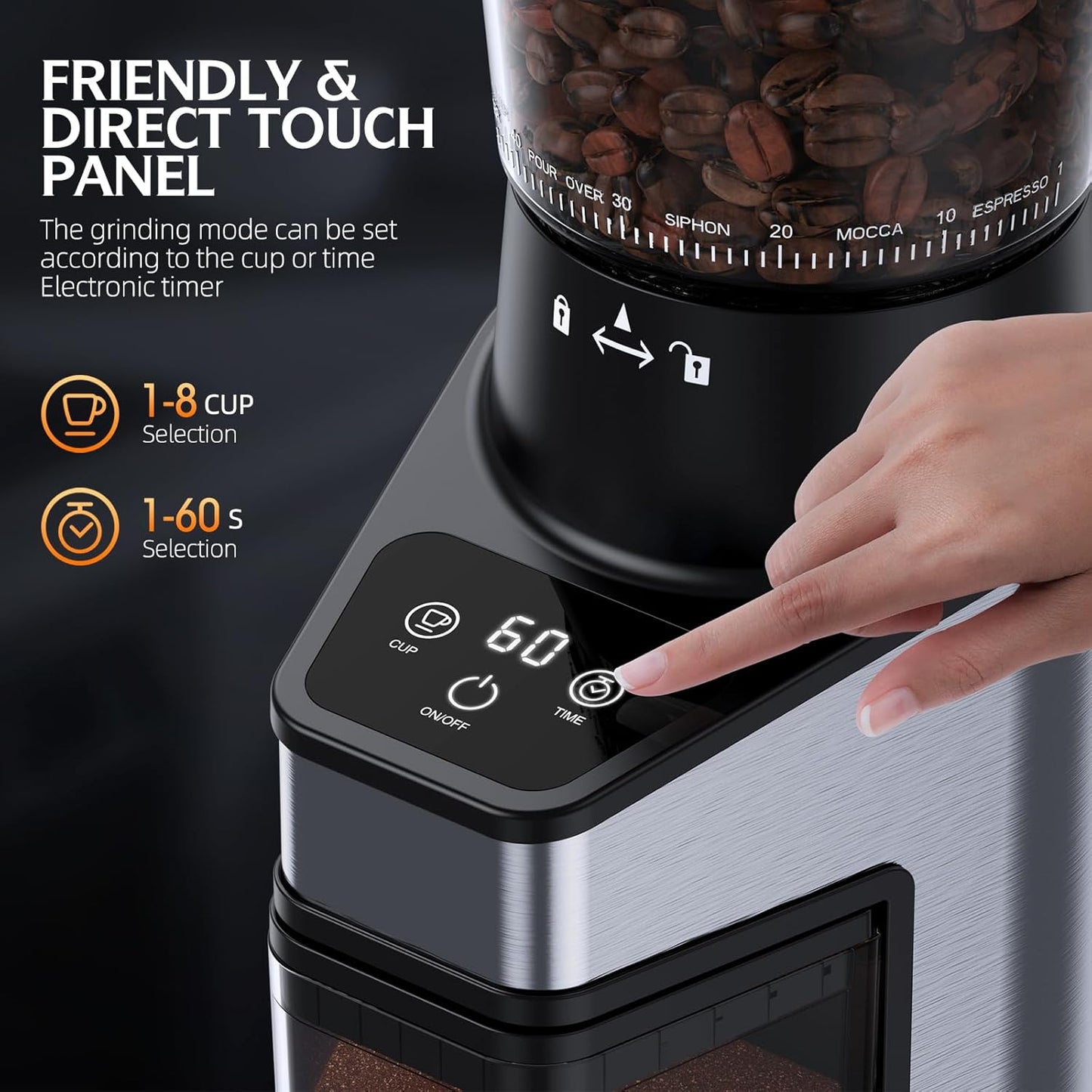 Molinillo eléctrico café 60 ajustes pantalla táctil antiestático