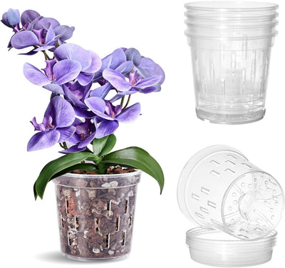 Maceta orquídea 5pulg con platillo set 4 transparente drenaje
