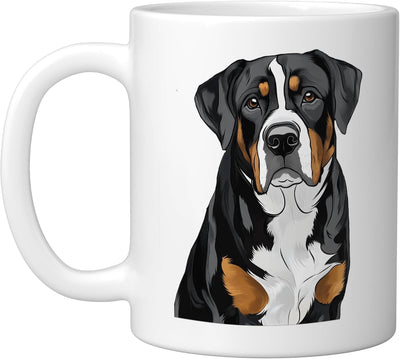 Taza cerámica blanca con ilustración de perro suizo