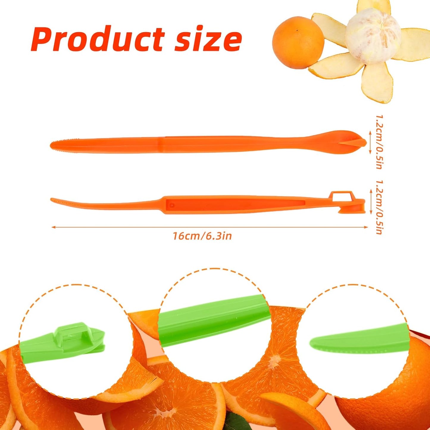 6 herramientas peladoras de naranja, cortador de cáscara cítrica, abridor de verduras y frutas con mango largo