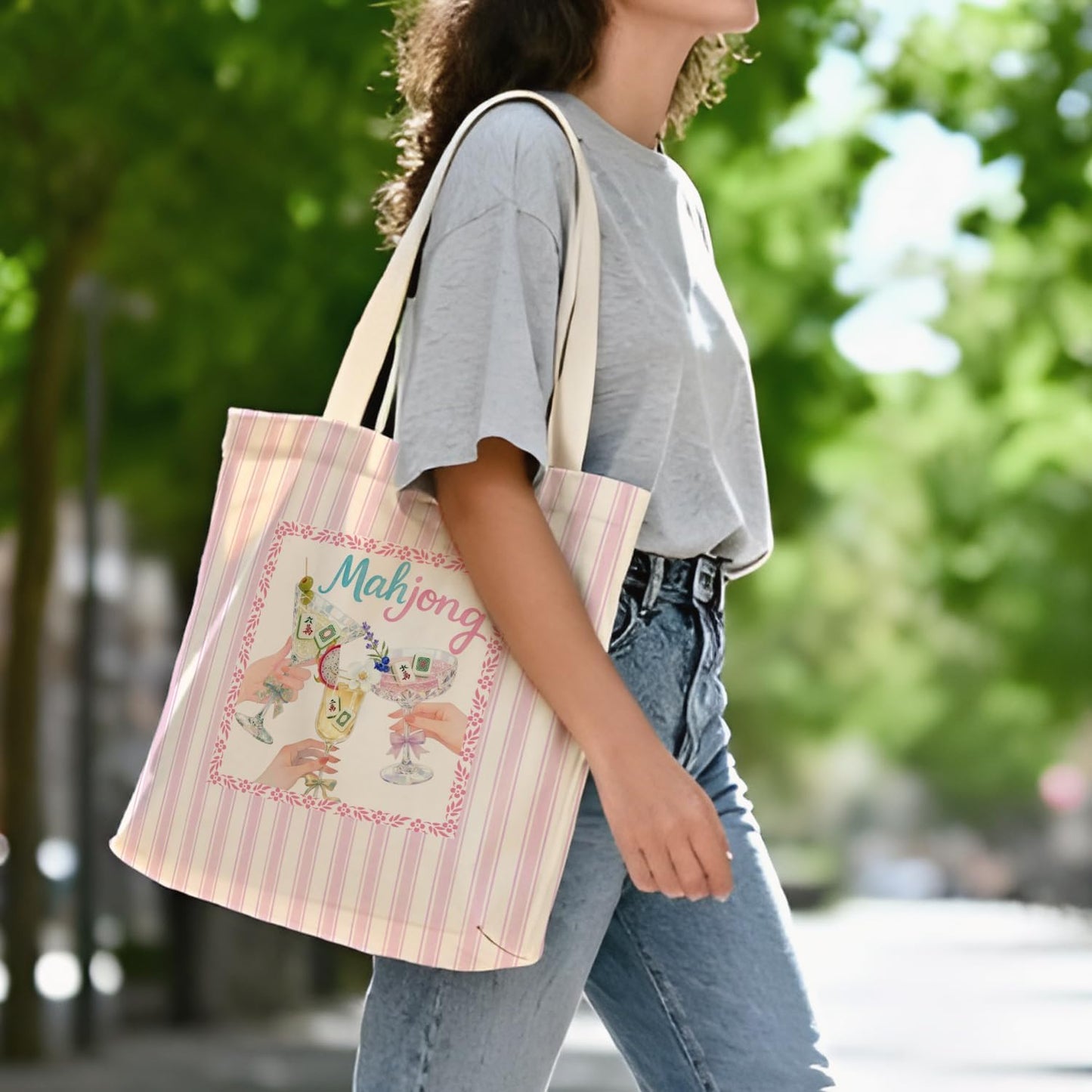 Bolsa de tela Mahjong para mujer con diseño de cuadros y rayas moradas