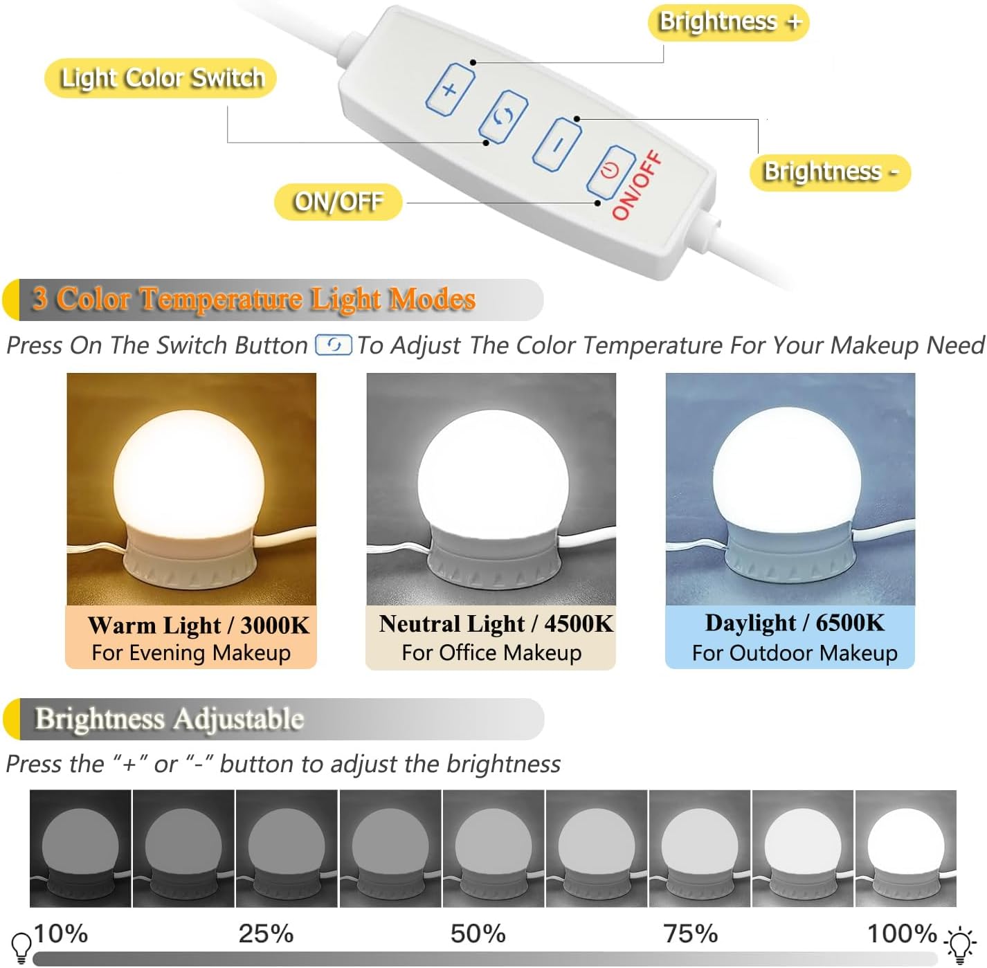 Luces LED tocador espejo 10 bombillas regulables 3000-6500K