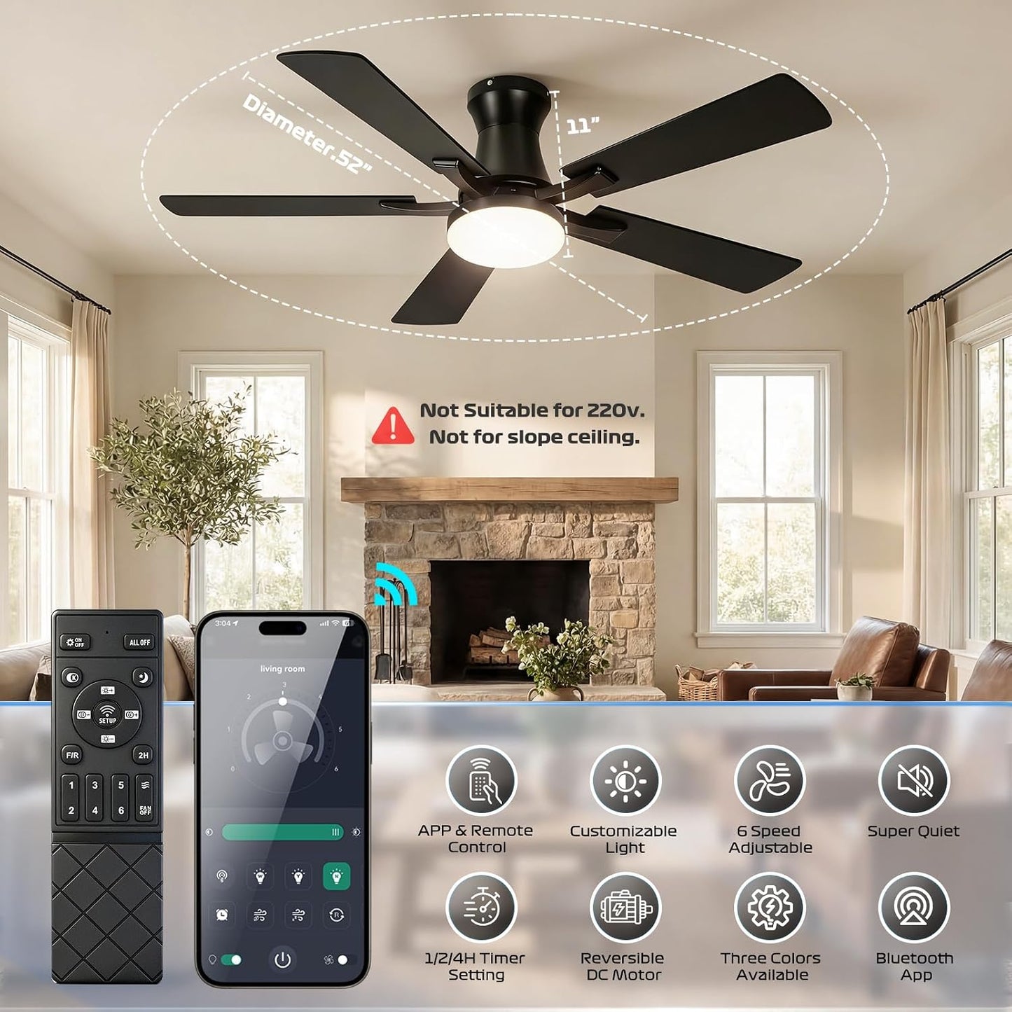 Ventilador techo bajo 52pulg luz control remoto reversible 3CCT