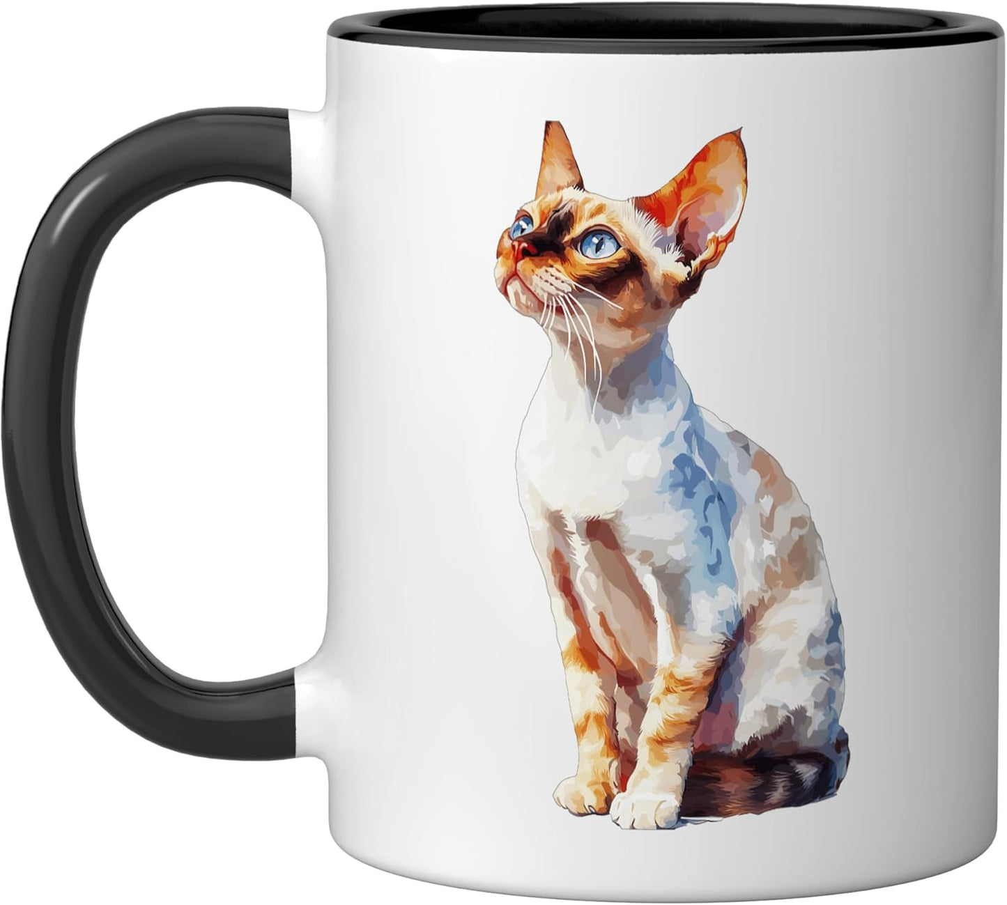 Taza cerámica para gato Devon Rex ojos azules arte felino negro/blanco