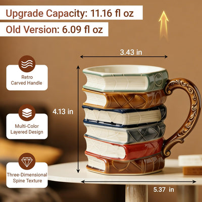 Taza de café de libros apilados en 3D cerámica pintada a mano