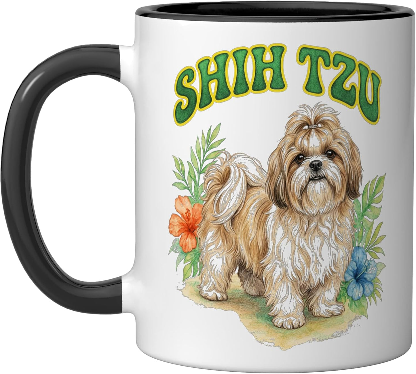 Taza Cerámica Shih Tzu Estilo Boho Flores Negro/Blanco