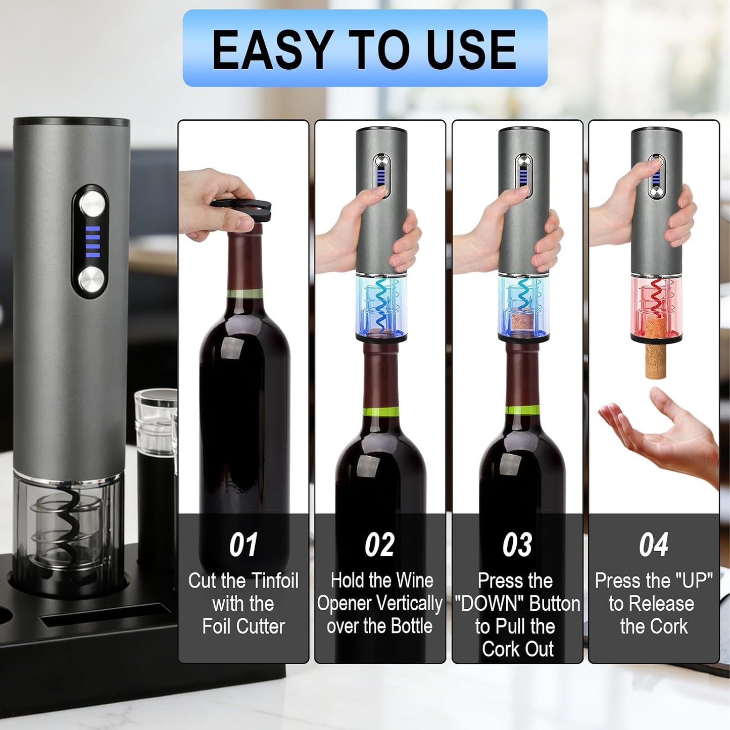 Abrebotellas vino eléctrico USB-C con cortador y aireador