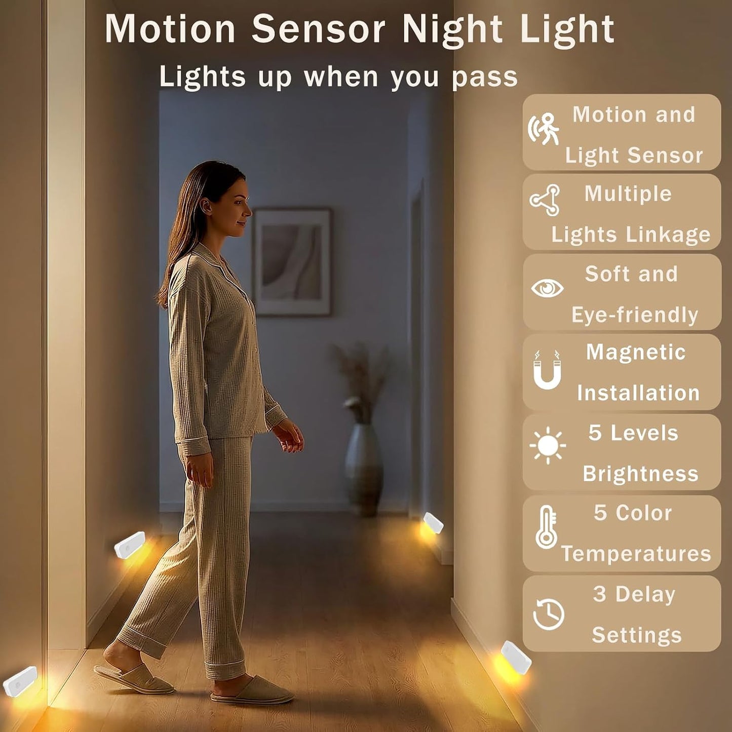 Luz nocturna sensor movimiento recargable para escaleras pasillos