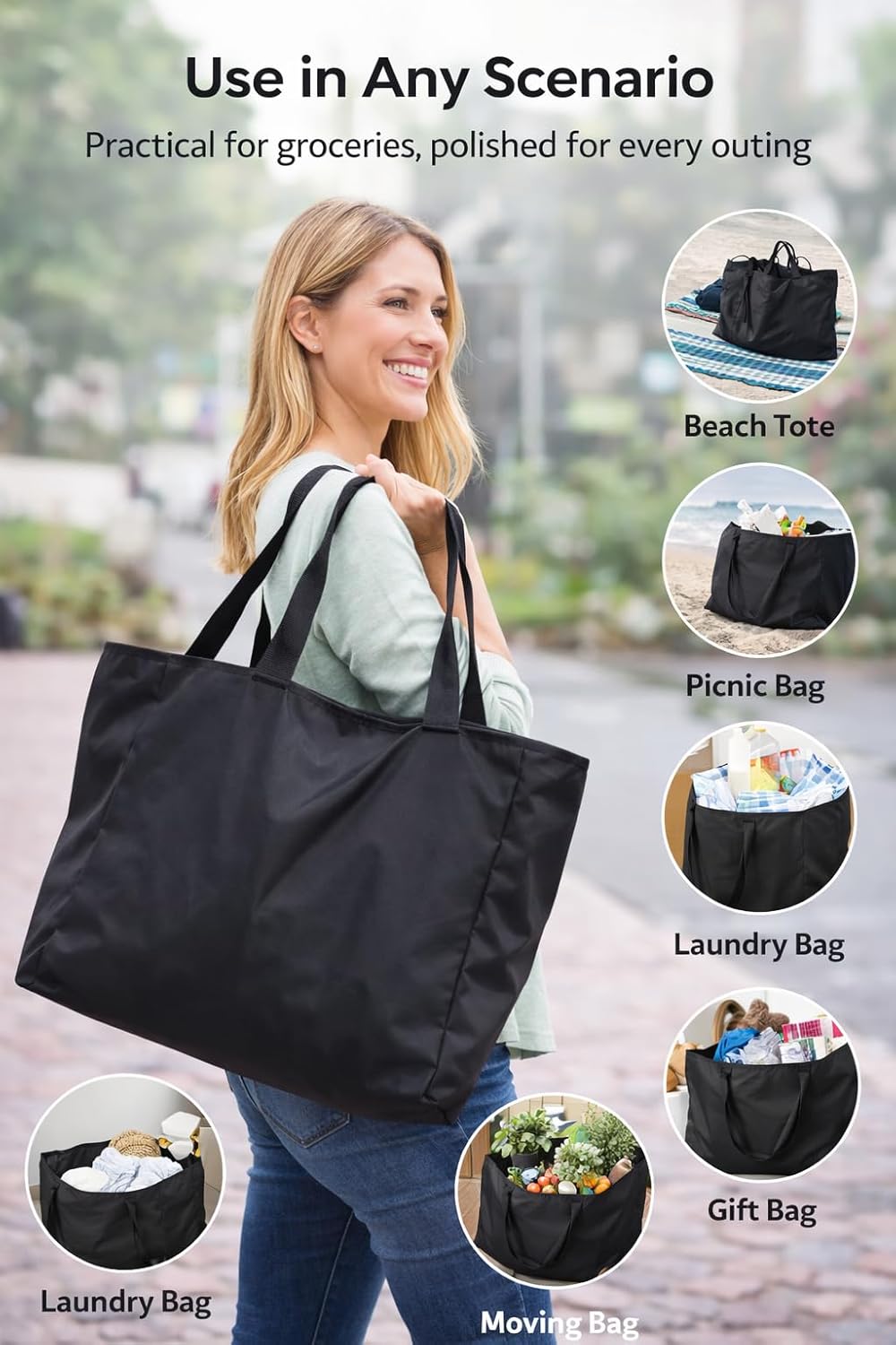 Bolsa extra grande reutilizable con cremallera para compras viajes
