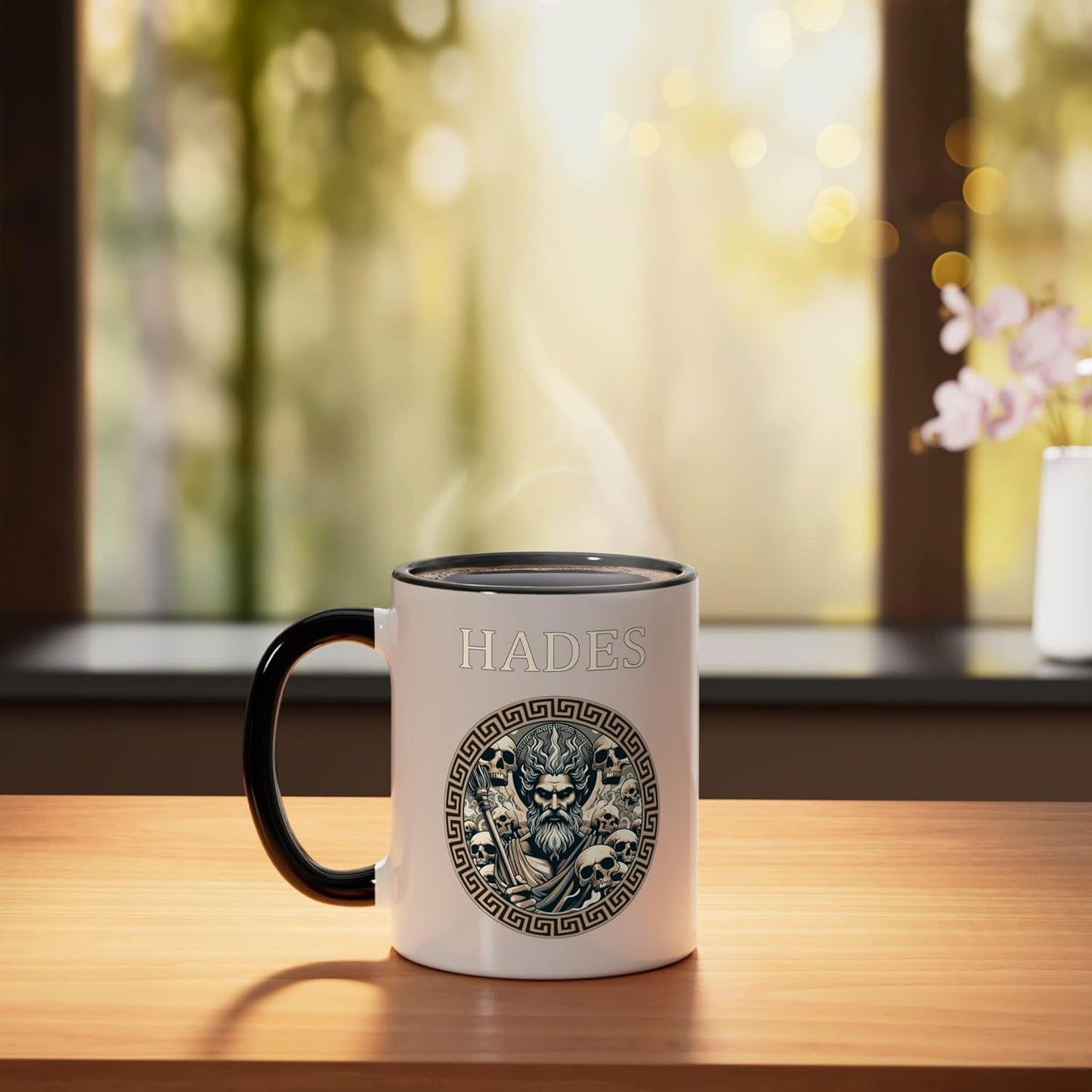 Taza de cerámica mitología griega Hades dios inframundo negro blanco