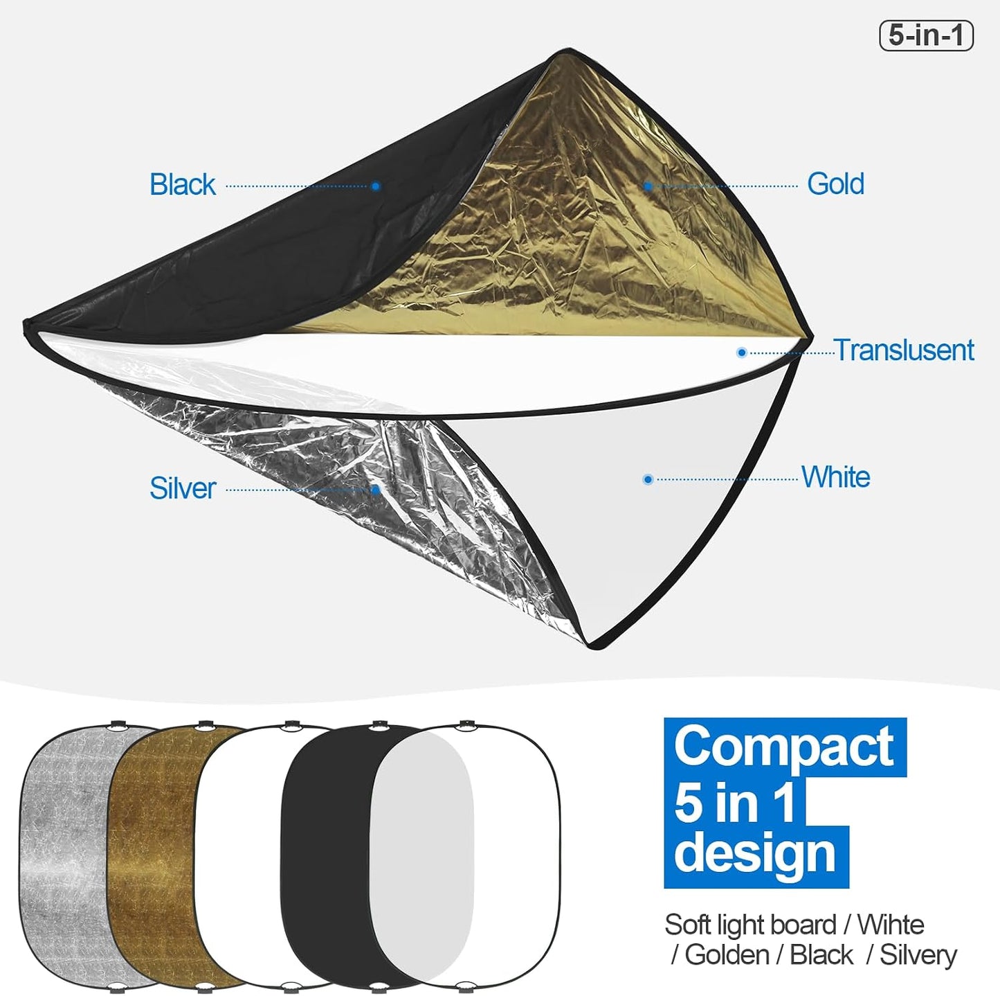 Reflector luz 5x6.5pulg plegable mango 5en1 plateado dorado
