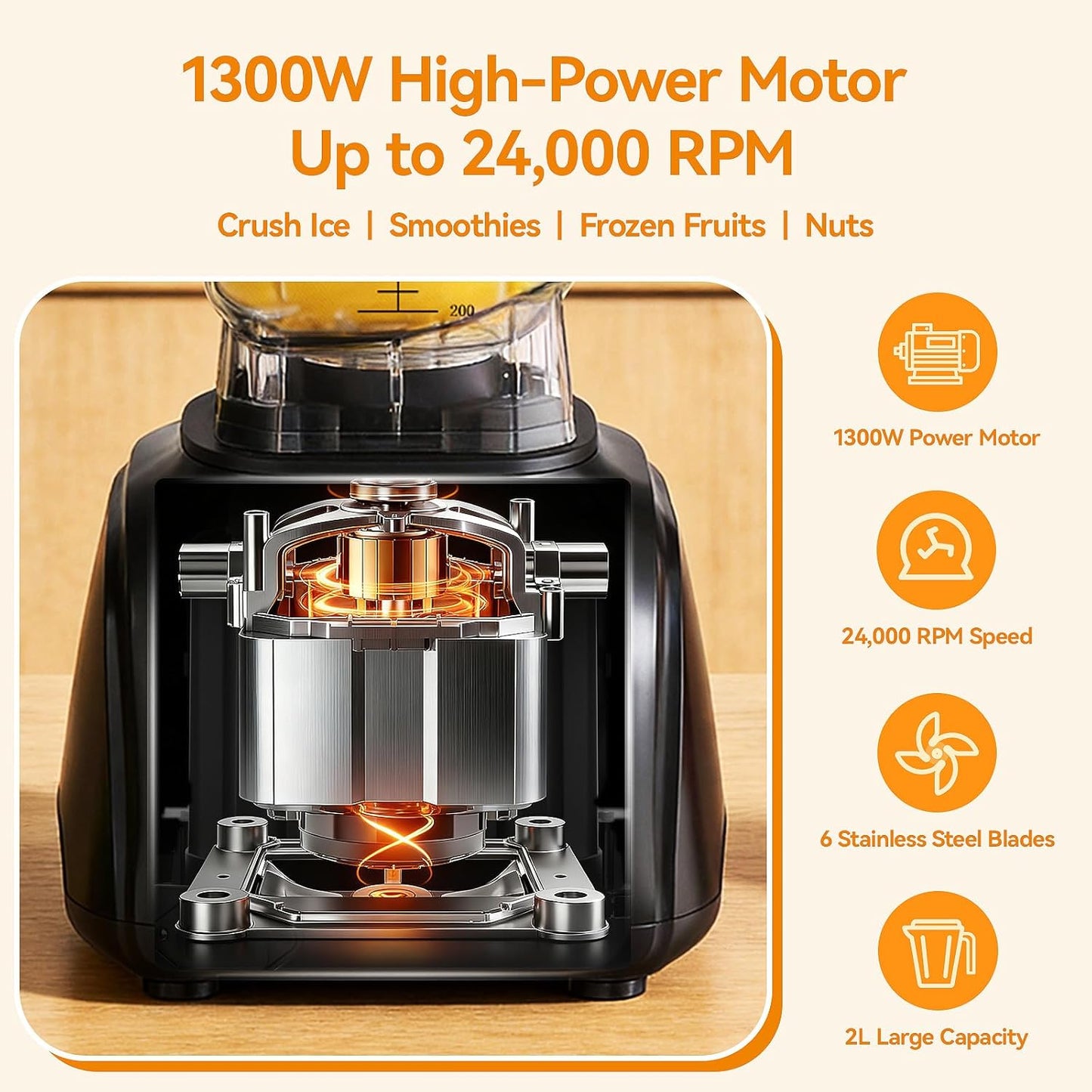 Batidora 1300W 24000RPM 67oz Cuchillas Acero Inox Negro