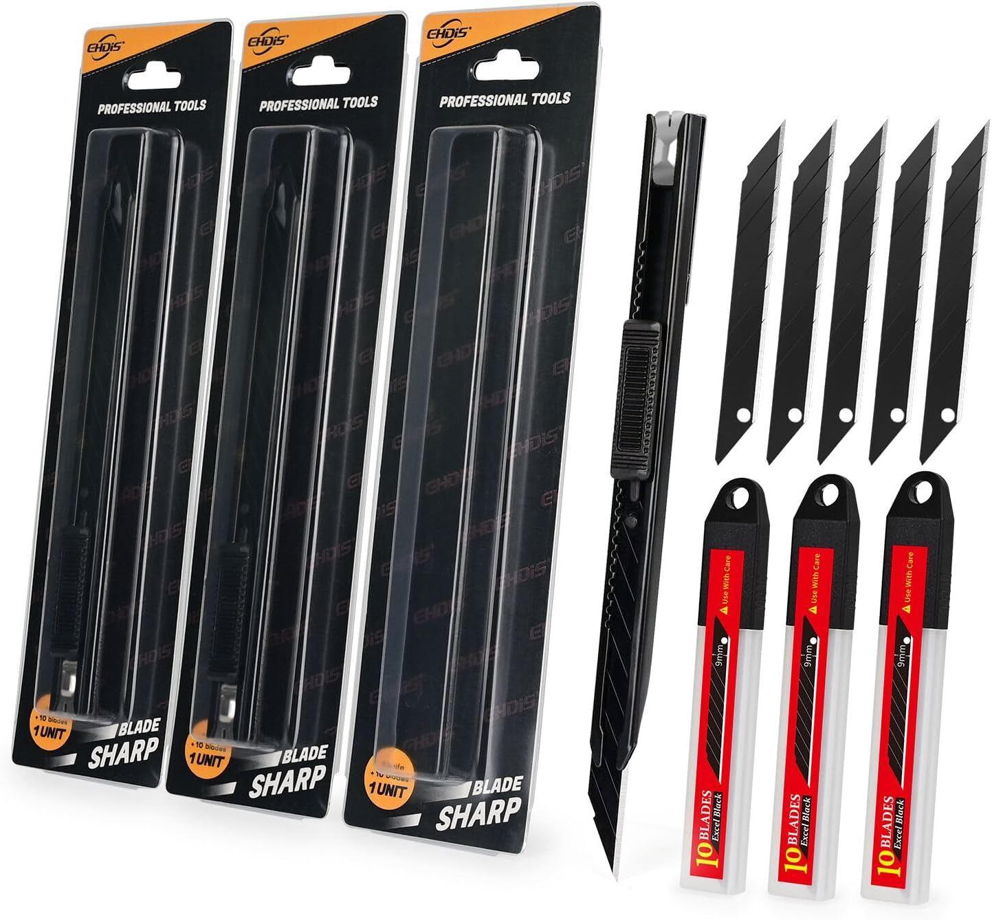 Set 3 Cuchillos Retráctiles Bloqueo Automático 30 Cuchillas Ra