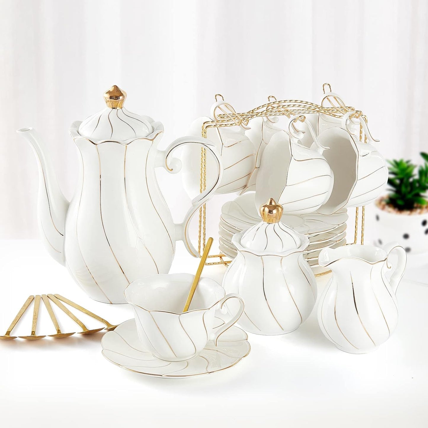 Set 22 Pzas Té Porcelana Soporte Cupcakes Estilo Británico Dorado
