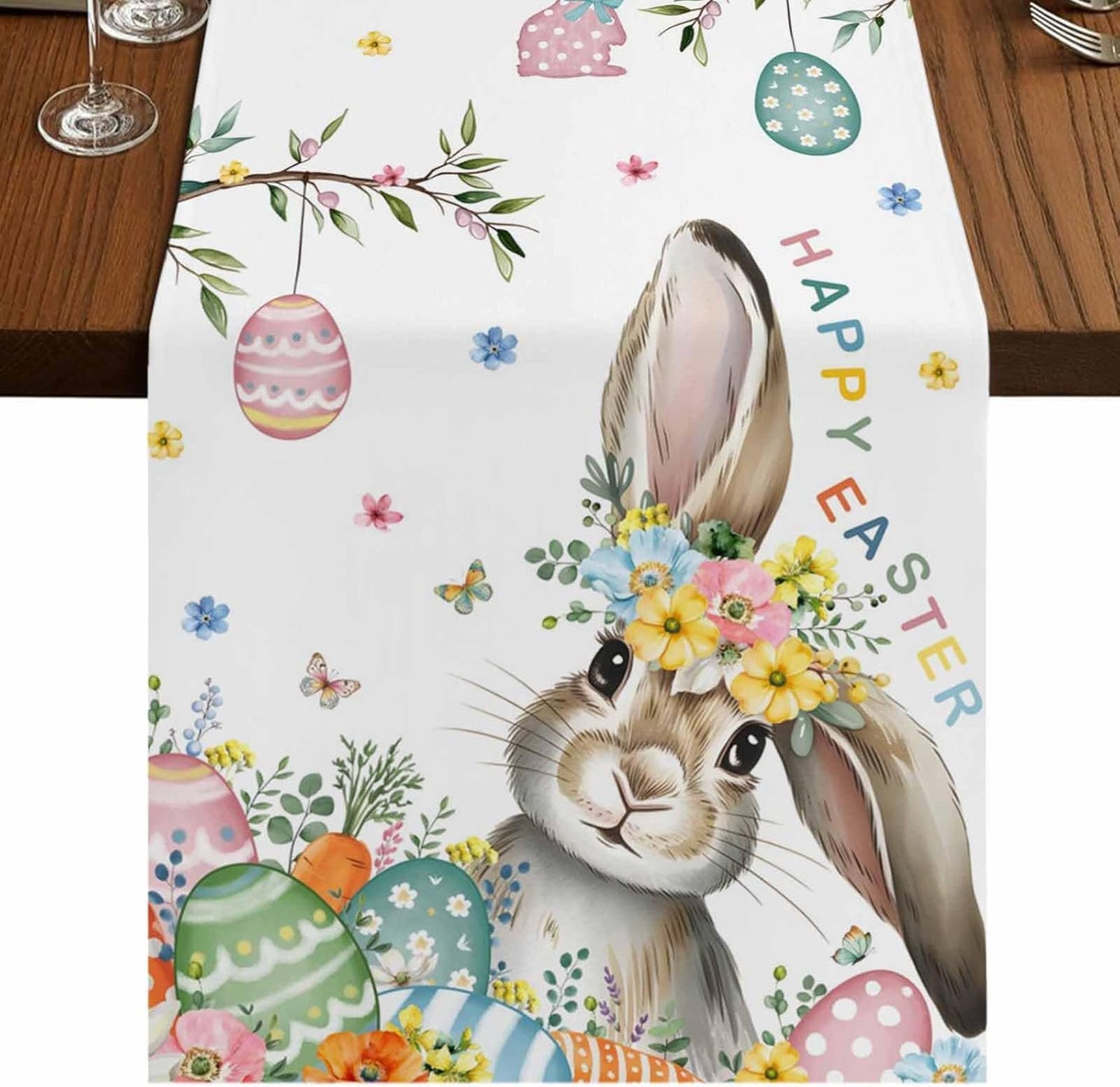 Mesa Pascua primavera 72pulg lino algodón conejos flores