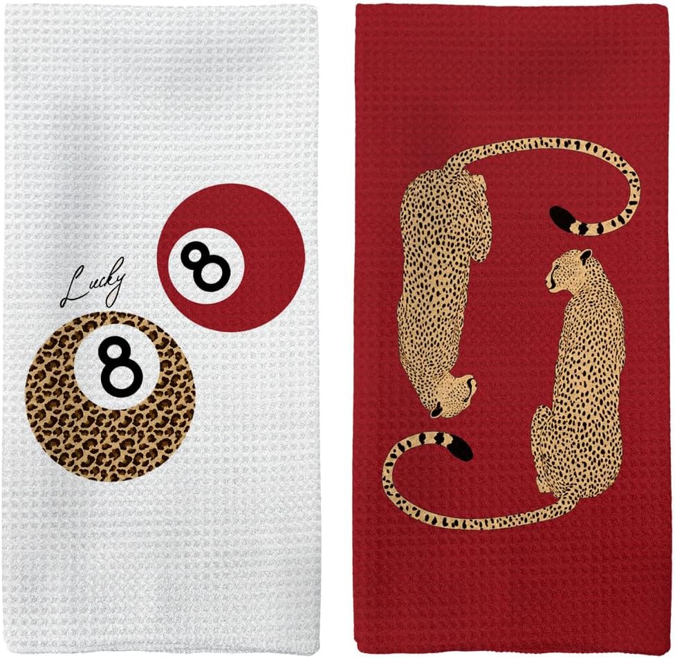 Juego de 2 toallas de cocina con diseño de leopardo rojo y 8 bolas
