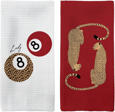 Juego de 2 toallas de cocina con diseño de leopardo rojo y 8 bolas