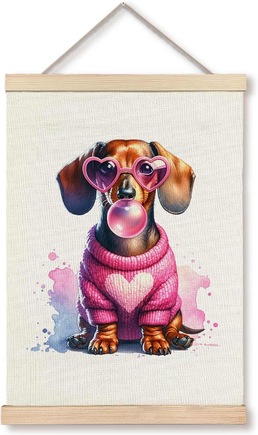 Marco colgante perro salchicha con lazo rosa arte pared