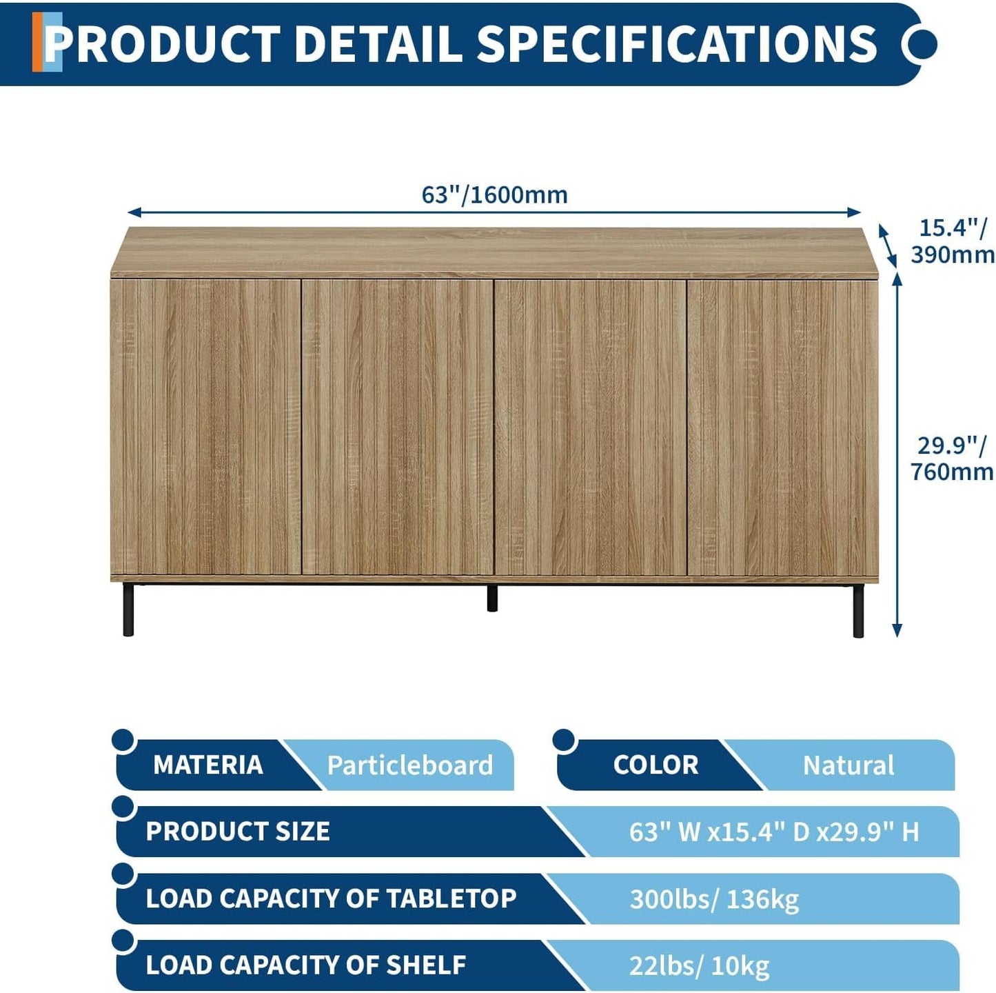 Armario buffet acanalado 63pulg 4 puertas estantes ajustables