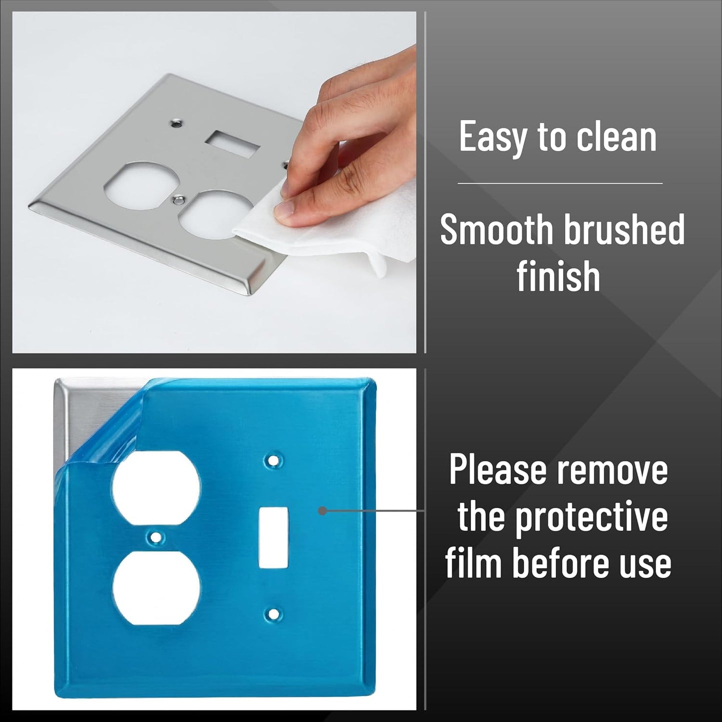 Placa pared 2 segmentos interruptor acero inox plateado