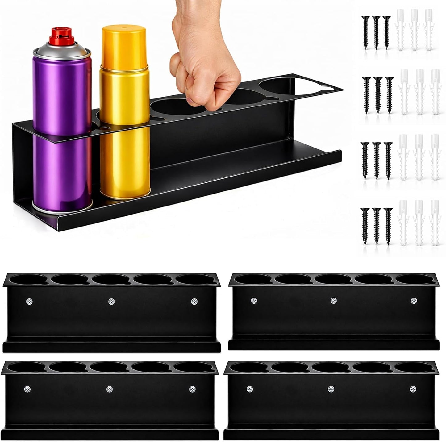 4 Soportes Botellas Aerosol Pared Estante Negro Acero 20 Agujeros