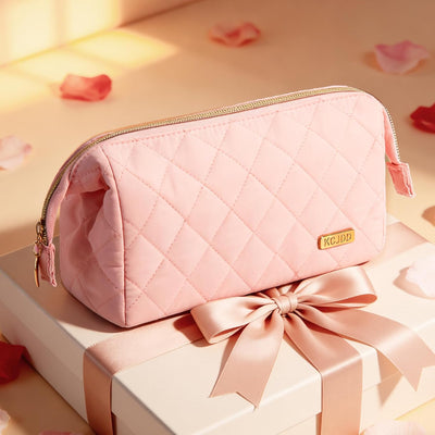 Bolsa maquillaje acolchada apertura amplia rosa claro