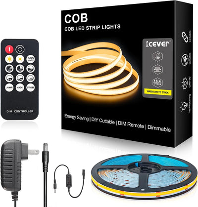 Tira LED COB blanca cálida 2700K 16.4pulg 24V CRI90 control remoto