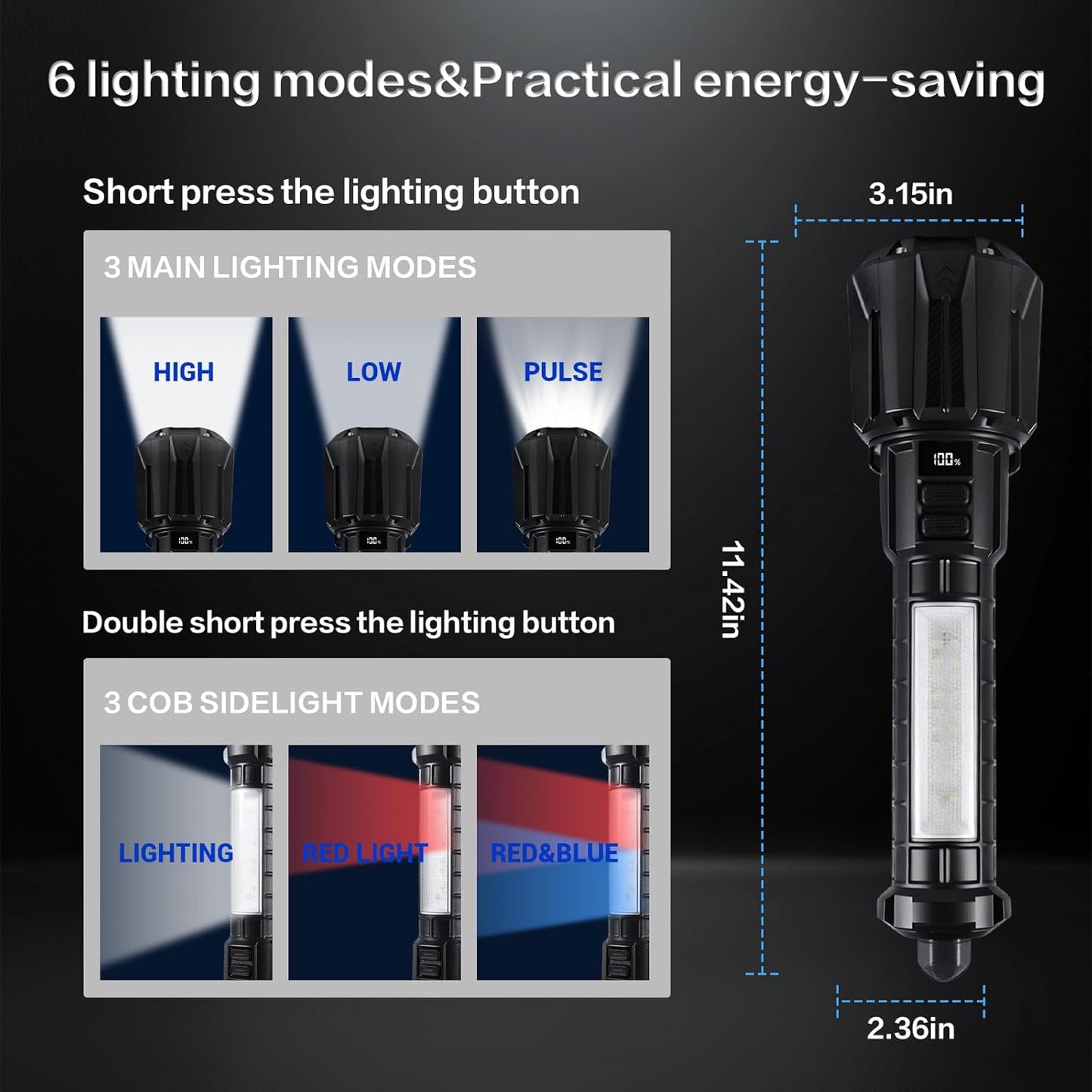 Linterna LED táctica 20W 10000lm batería 6000mAh tipo C zoomable