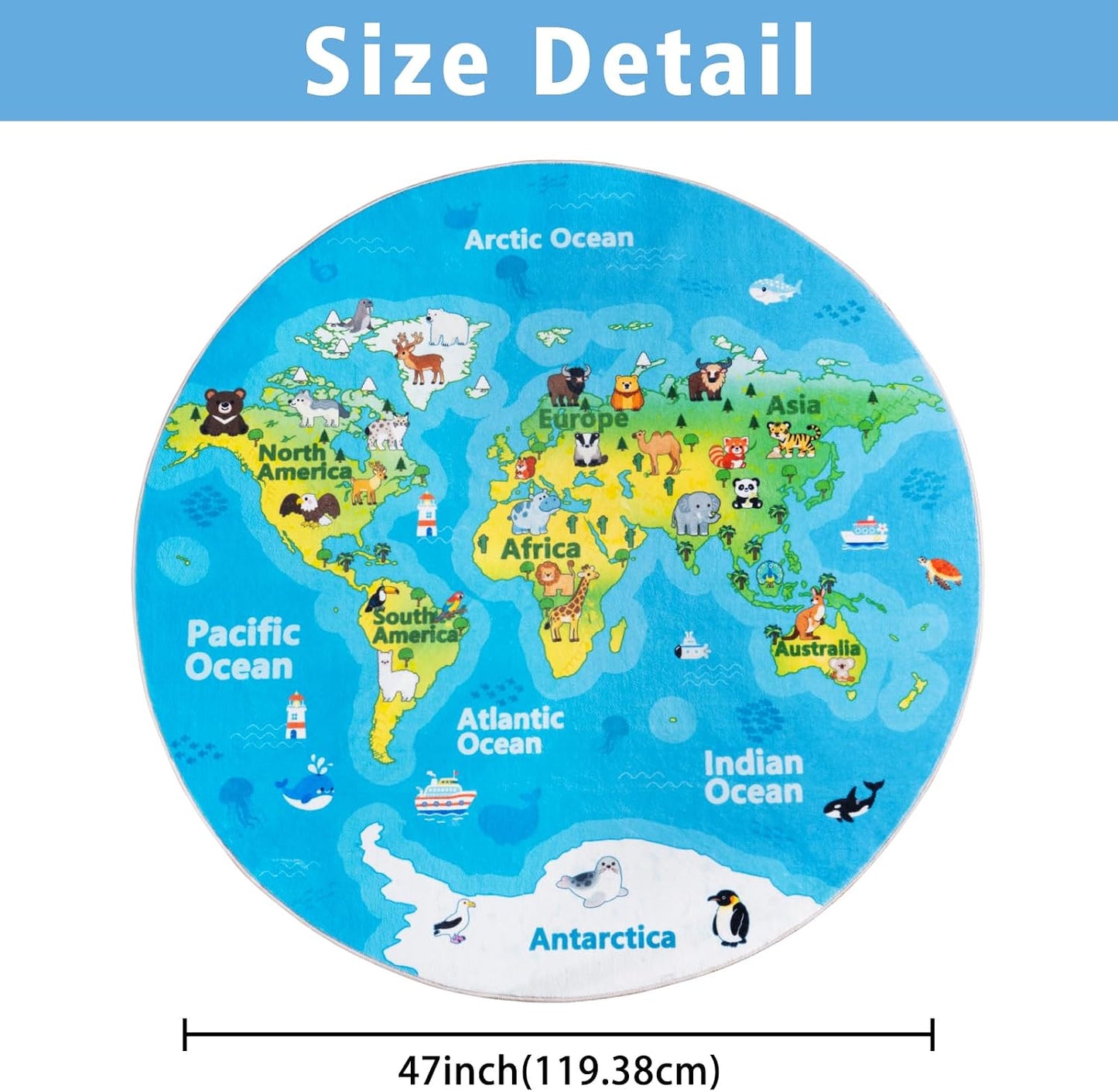 Alfombra educativa mapa mundo 4x4ft con animales