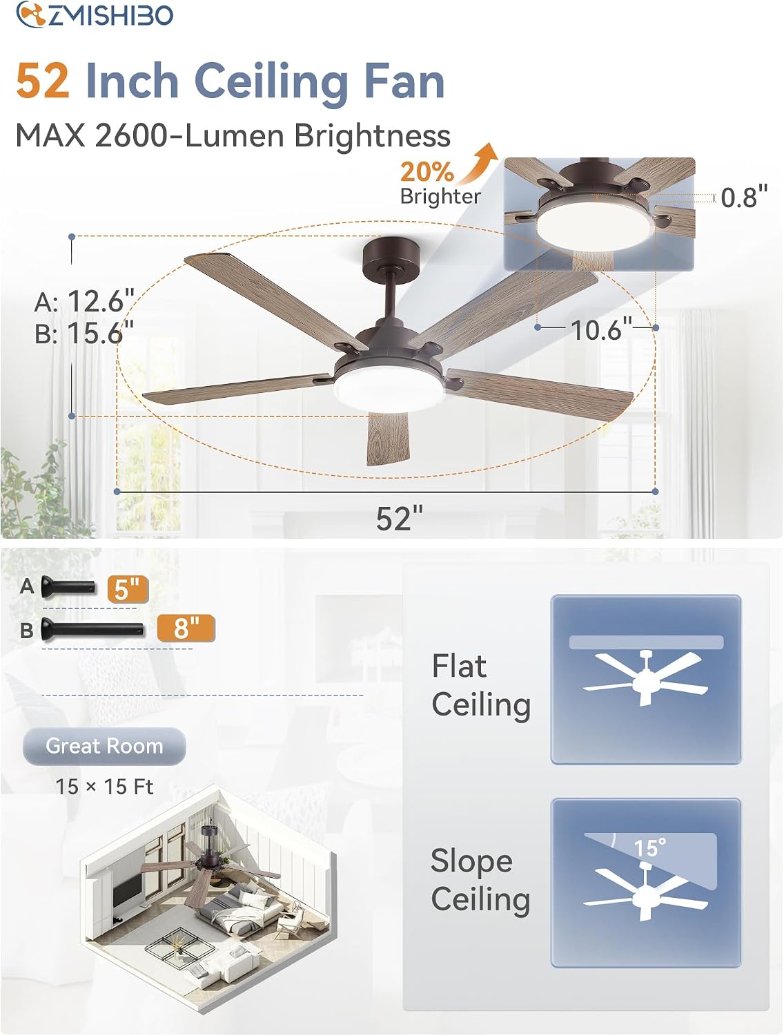 Ventilador techo 52pulg control remoto LED 6 velocidades motor CC