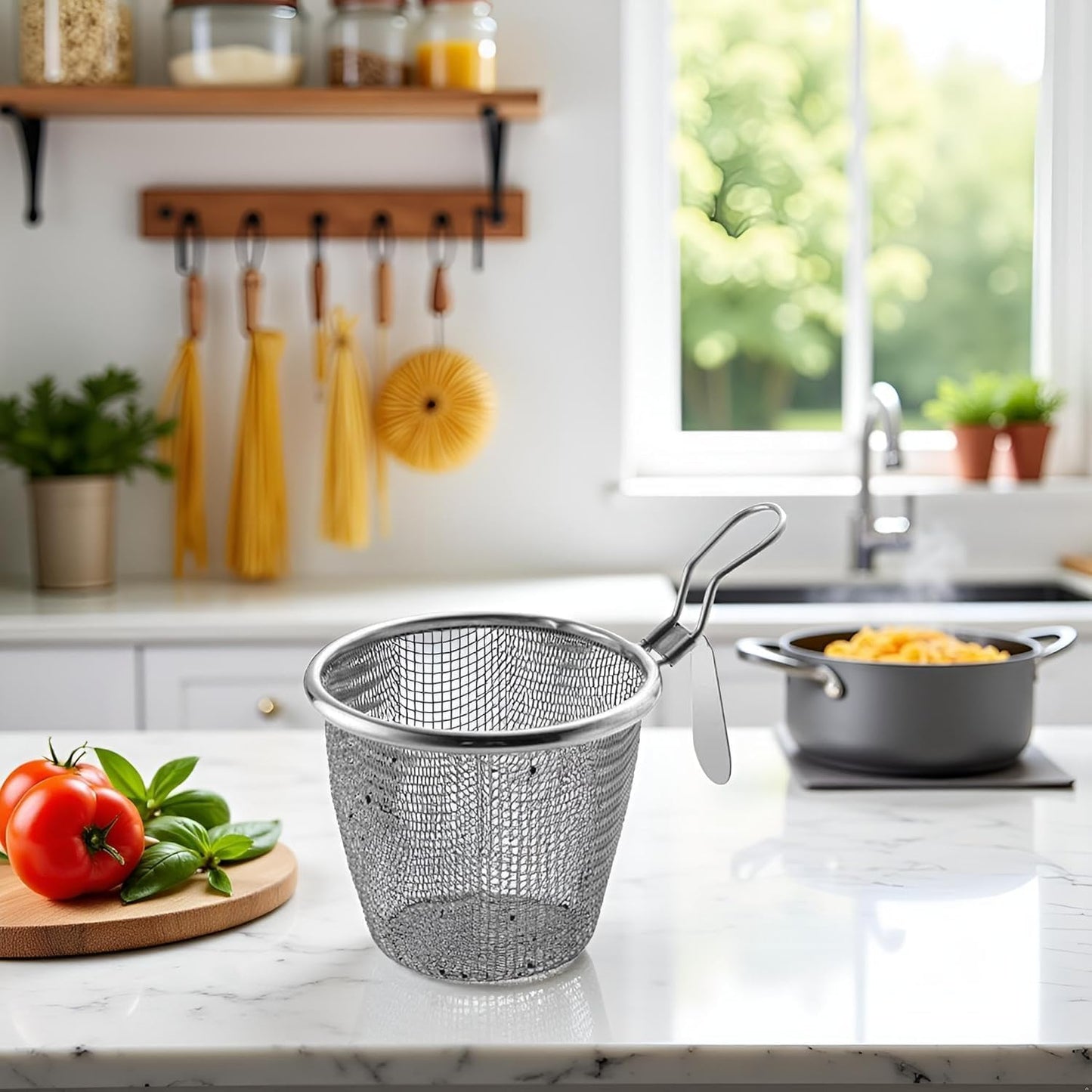 Cestas de pasta de acero inoxidable con colador de malla fina y asa
