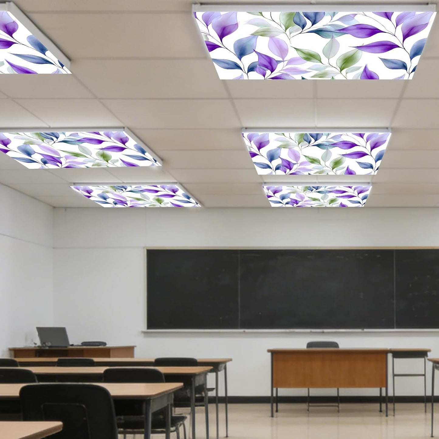 2 Cubiertas Luz Techo Poliéster 4x2ft Diseño Hojas Morado Verde