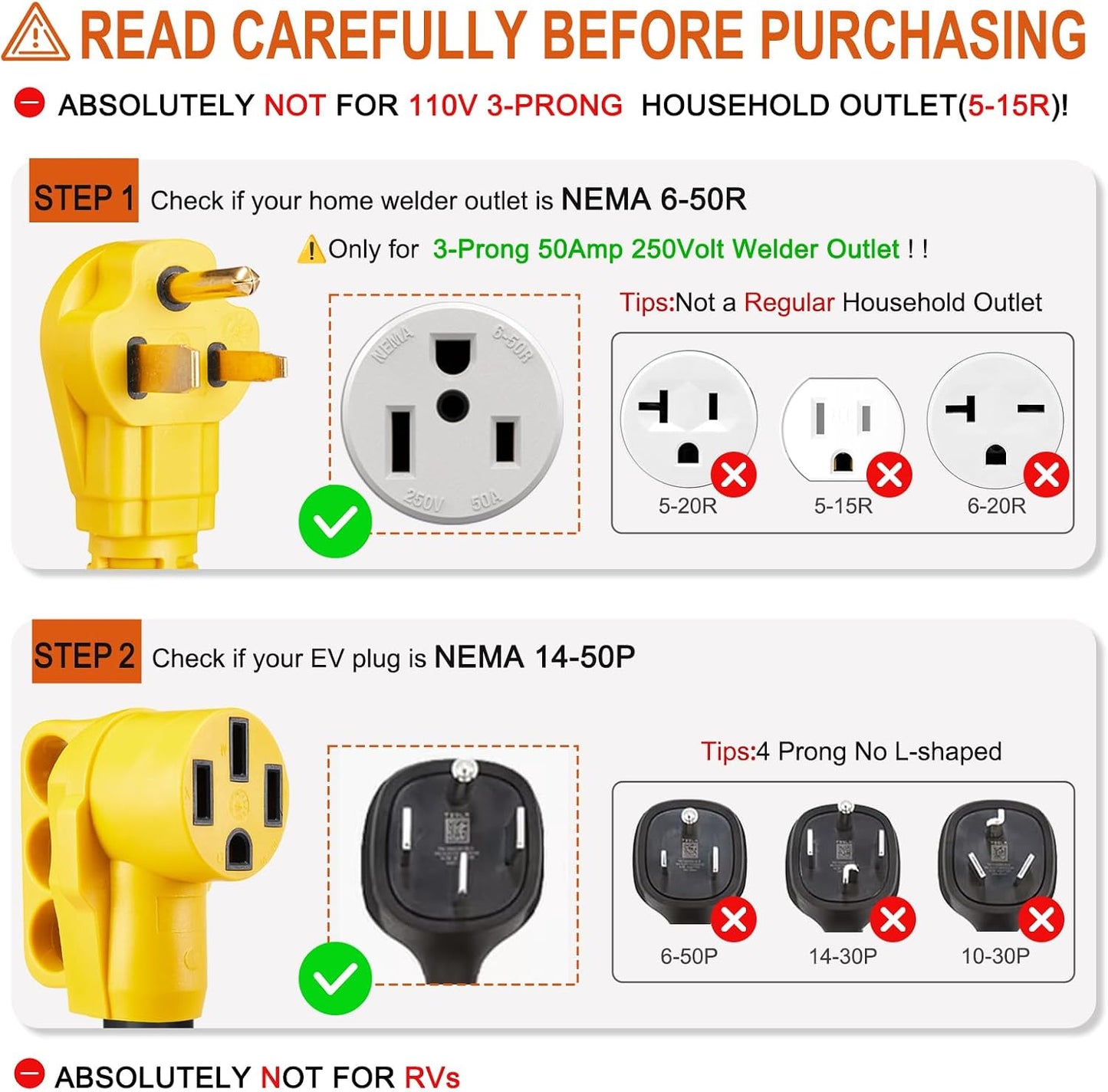 Cable adaptador NEMA 6-50P a 14-50R 25pies