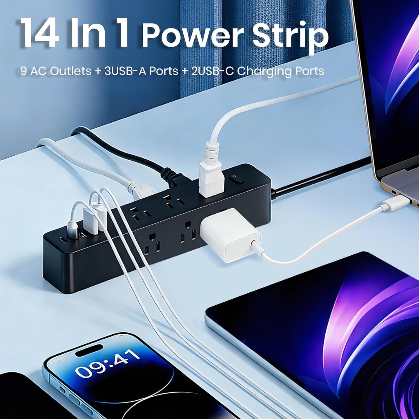 Regleta sobretensiones escritorio 1250W 9 salidas CA 5 USB