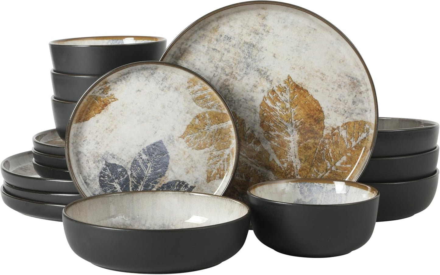 Juego 16 Pzas Vajilla Porcelana Diseño Hojas Multicolor