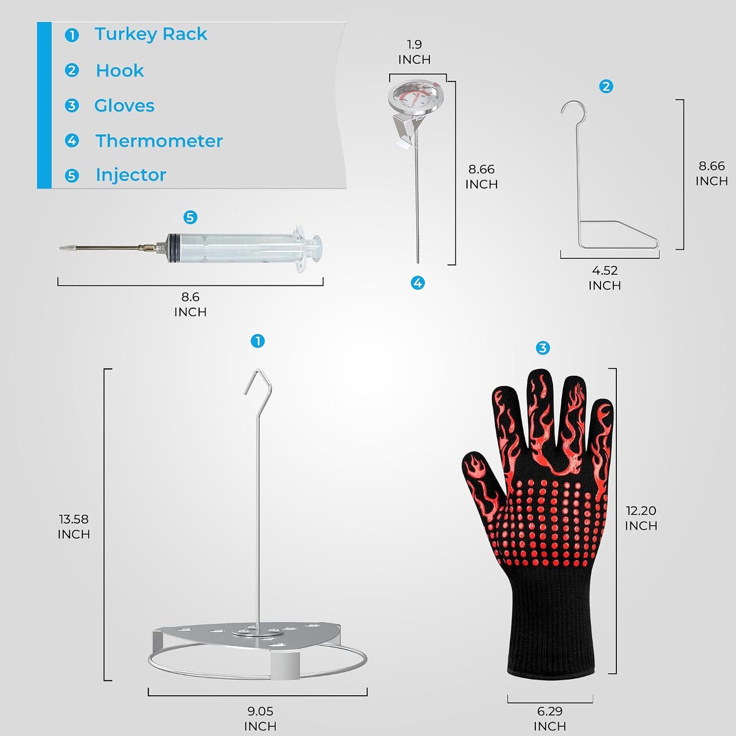 Kit accesorios freidora pavo acero inox termómetro inyector guantes
