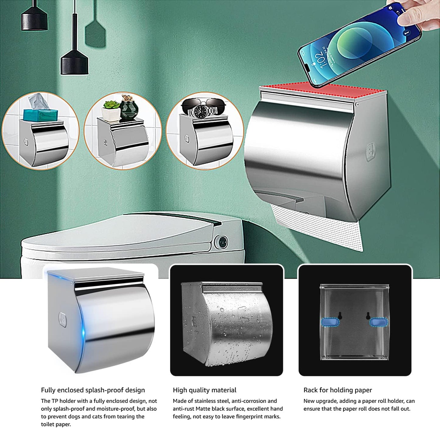 Soporte papel higiénico autoadhesivo con estante para teléfono