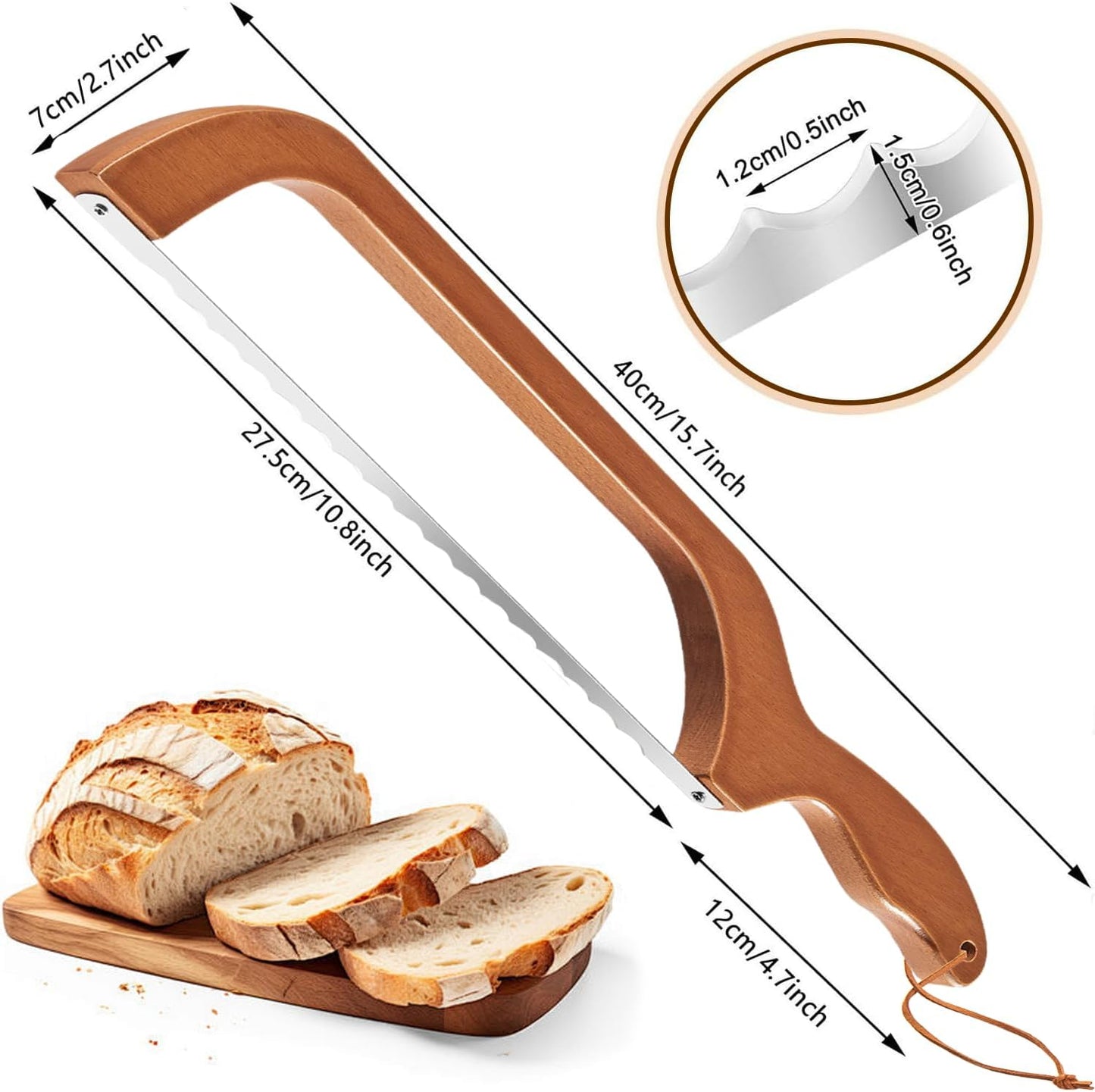Cortador de pan de madera 15.7 pulgadas con hoja de acero inoxidable dentada