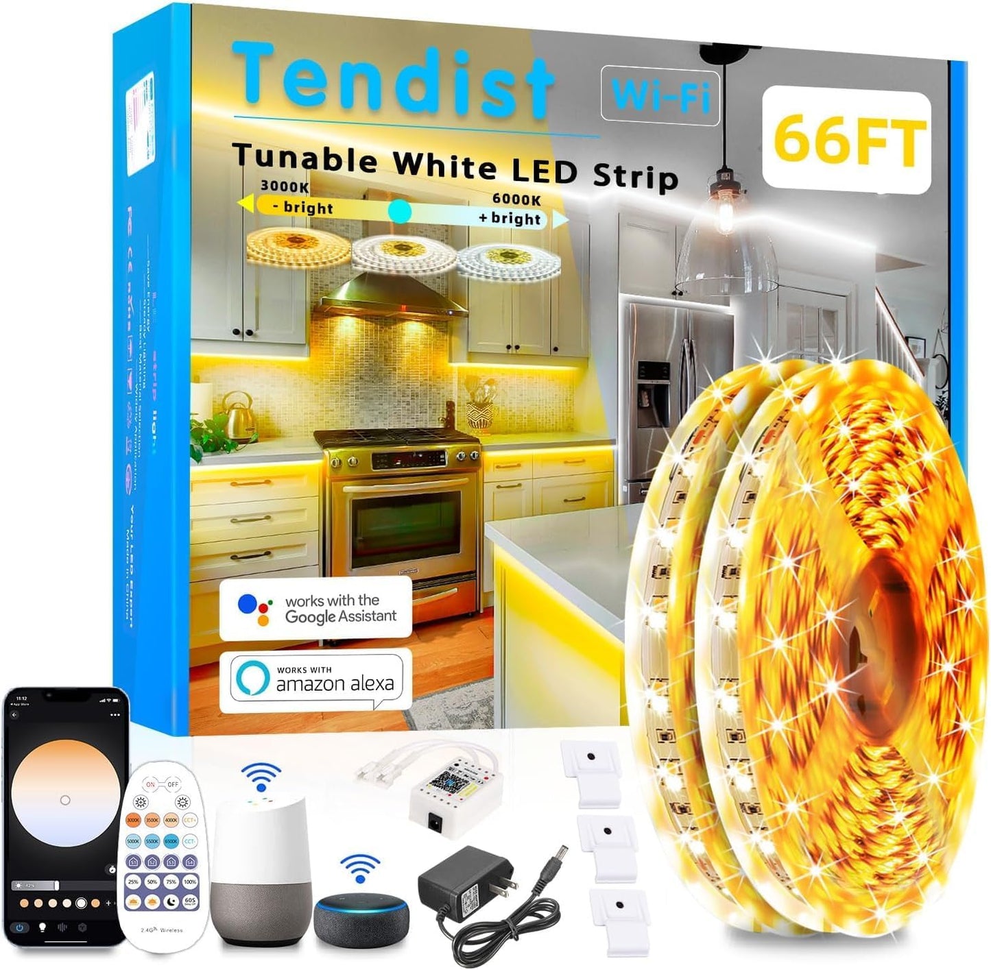 Tira LED blanca 66ft 3000K-6500K Alexa WiFi app control remoto