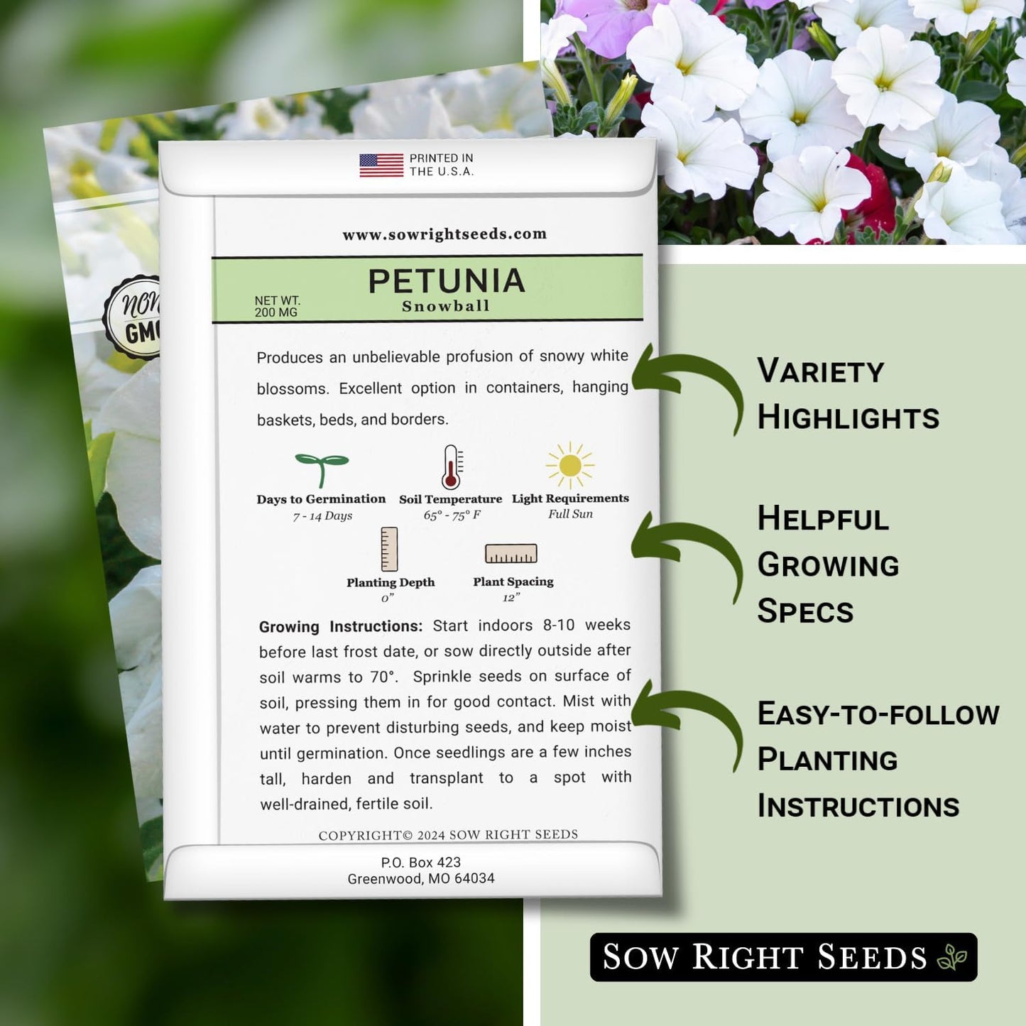 Semillas petunia Snowball blancas para jardín y contenedores
